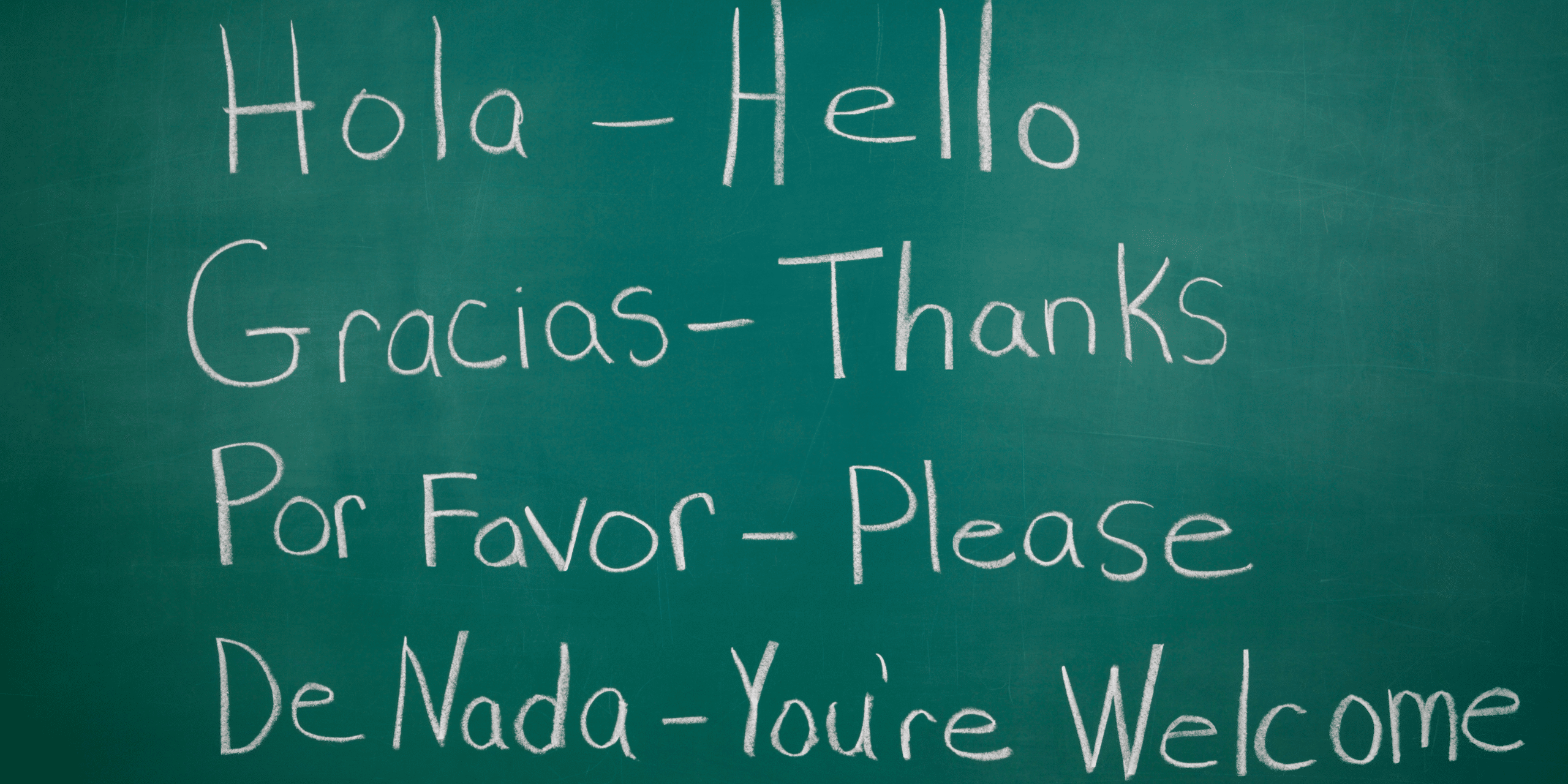 Various Spanish words and their English translations on a chalkboard